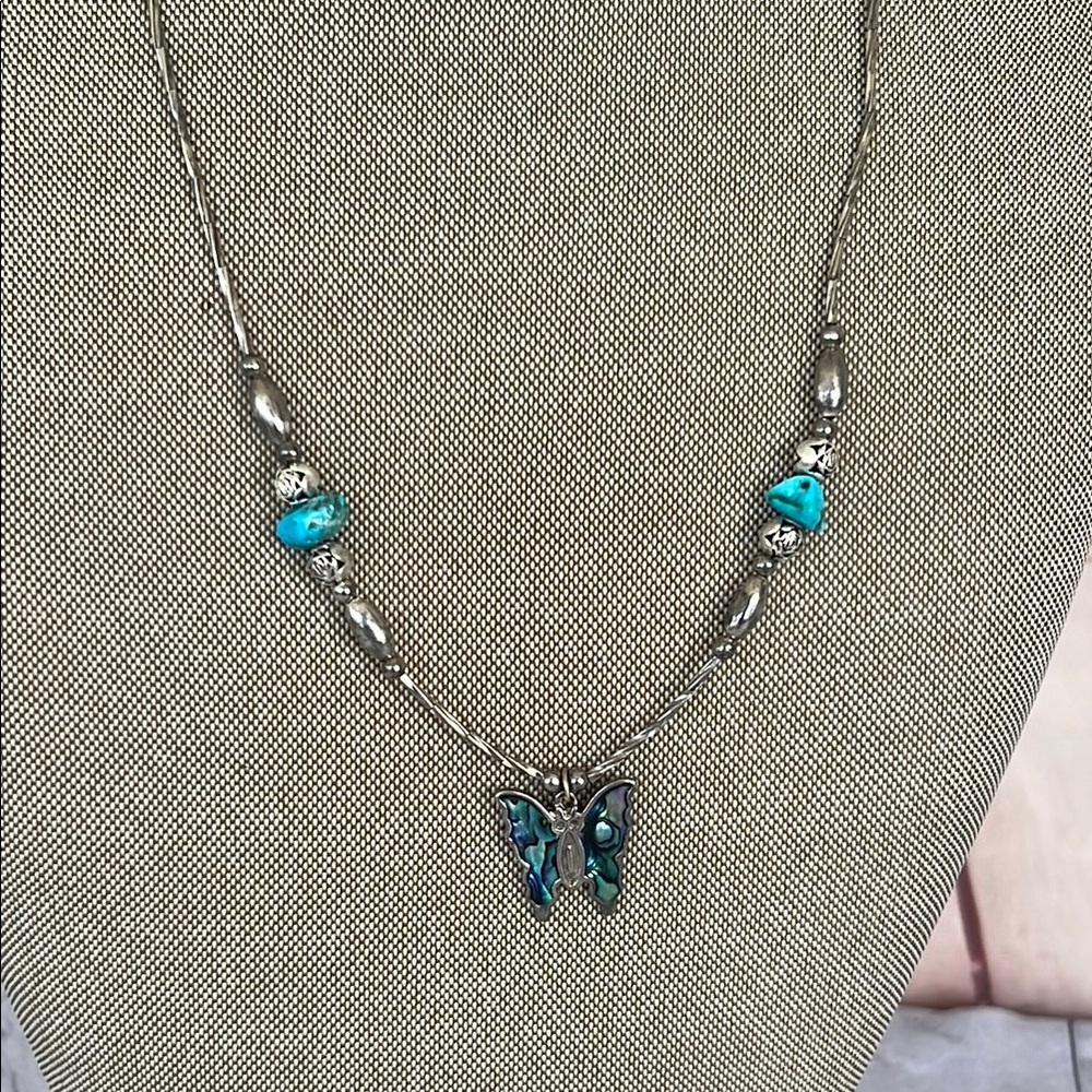 VINTAGE ABALONE butterfly pendant with turquoise nuggets barrel clasp 18”